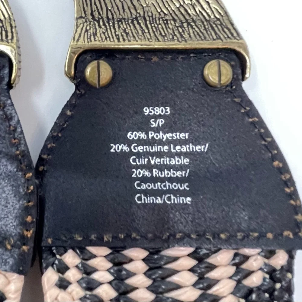 Vintage Wearable Art Boho Brass, Black‎ & Cream Woven & Leather Statement Belt